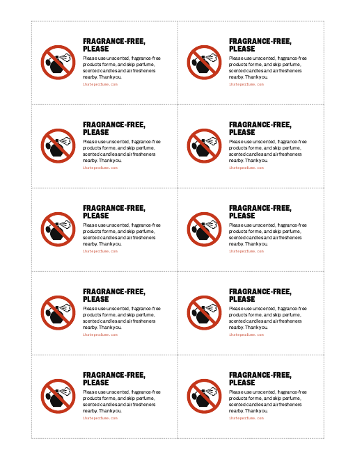A page of wallet cards reading: Fragrance-free, please