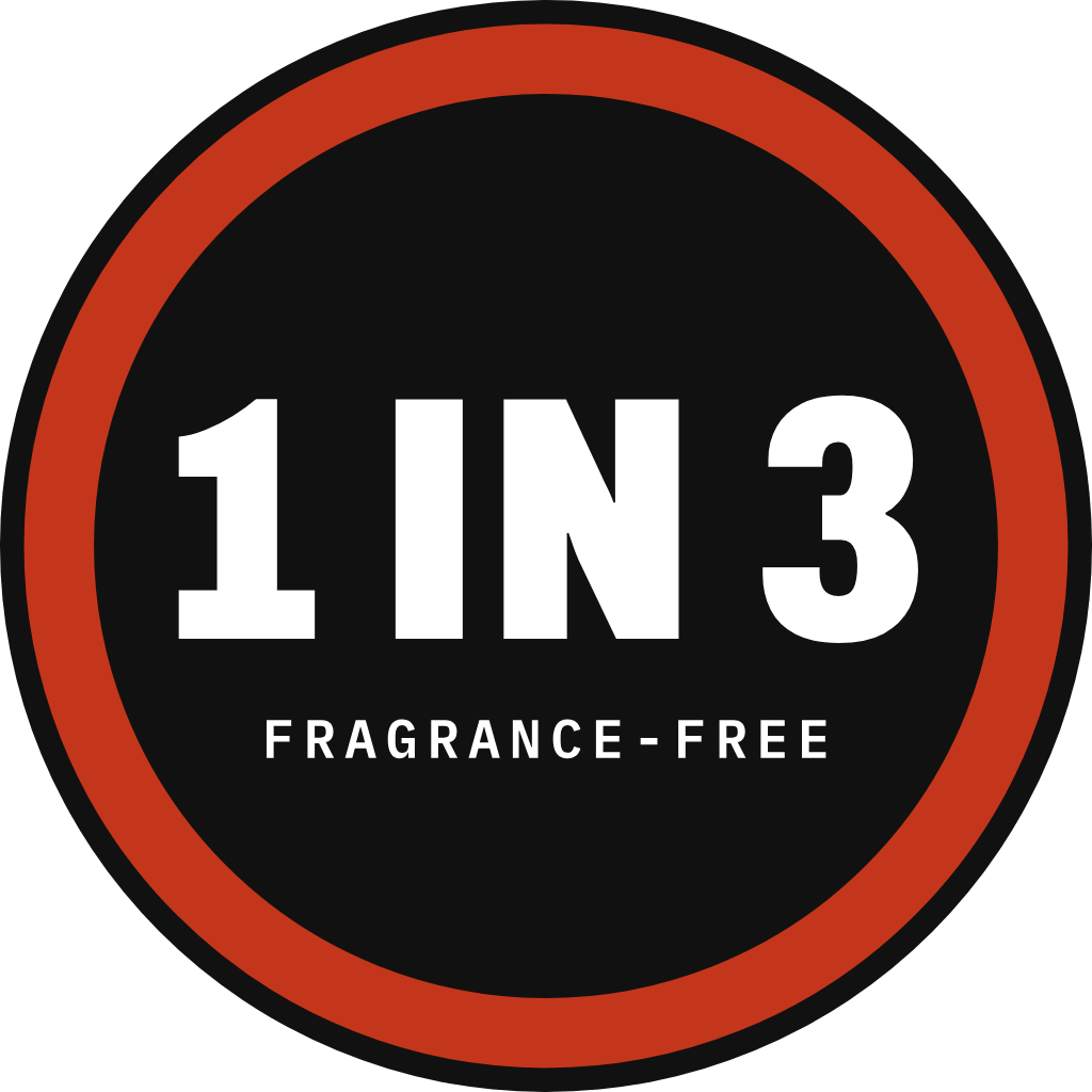 The 1 in 3 pin: a black circle with a red ring and the words 1 in 3, fragrance-free