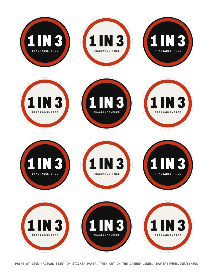 Sticker sheet with twelve 2-inch 1 in 3 stickers in black and cream